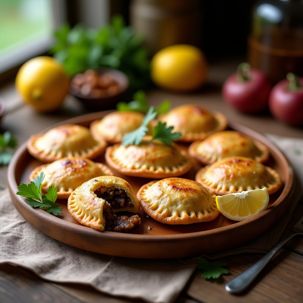 Empanadas doradas de mijo rellenas de hongos ostra y cebolla morada, con bordes ligeramente ondulados, servidas en un plato de barro con hojas de cilantro fresco y una salsa de yogur vegano al lado. Receta colombiana sin gluten.