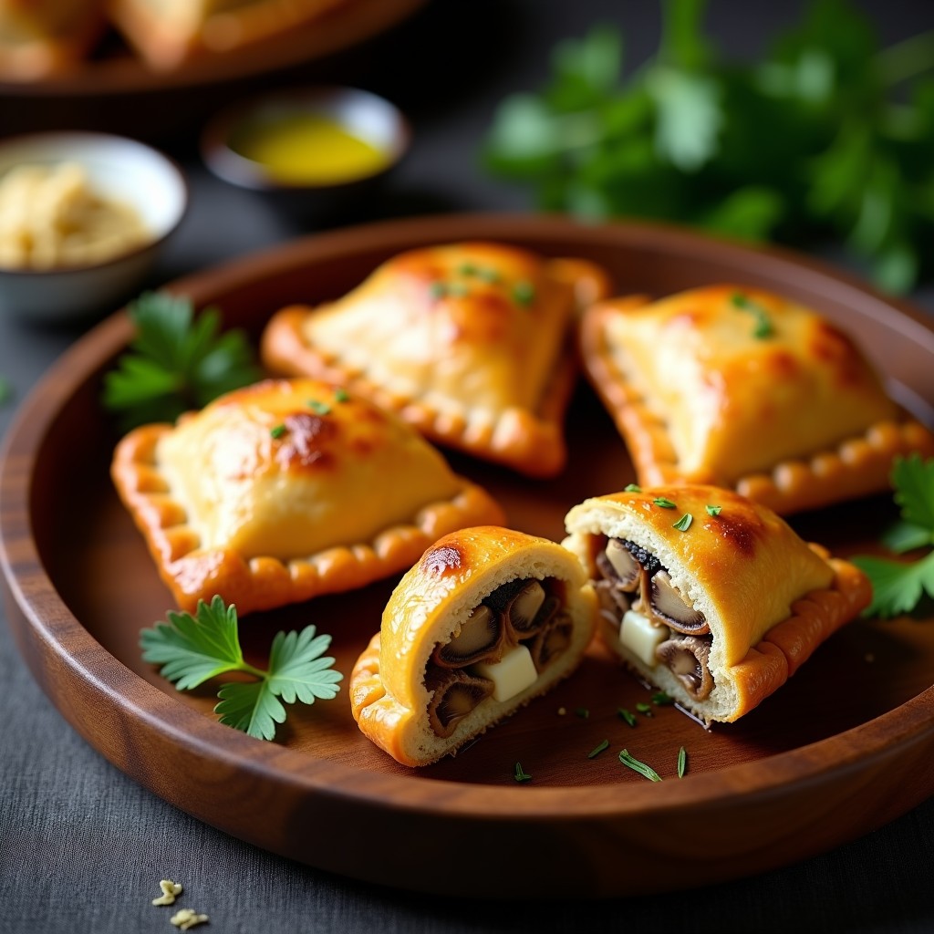 Empanadas doradas y crujientes de masa de mijo, rellenas de hongos oestra y queso de anacardos, servidas en un plato de barro con salsa cremosa. Receta argentina sin gluten y vegana.