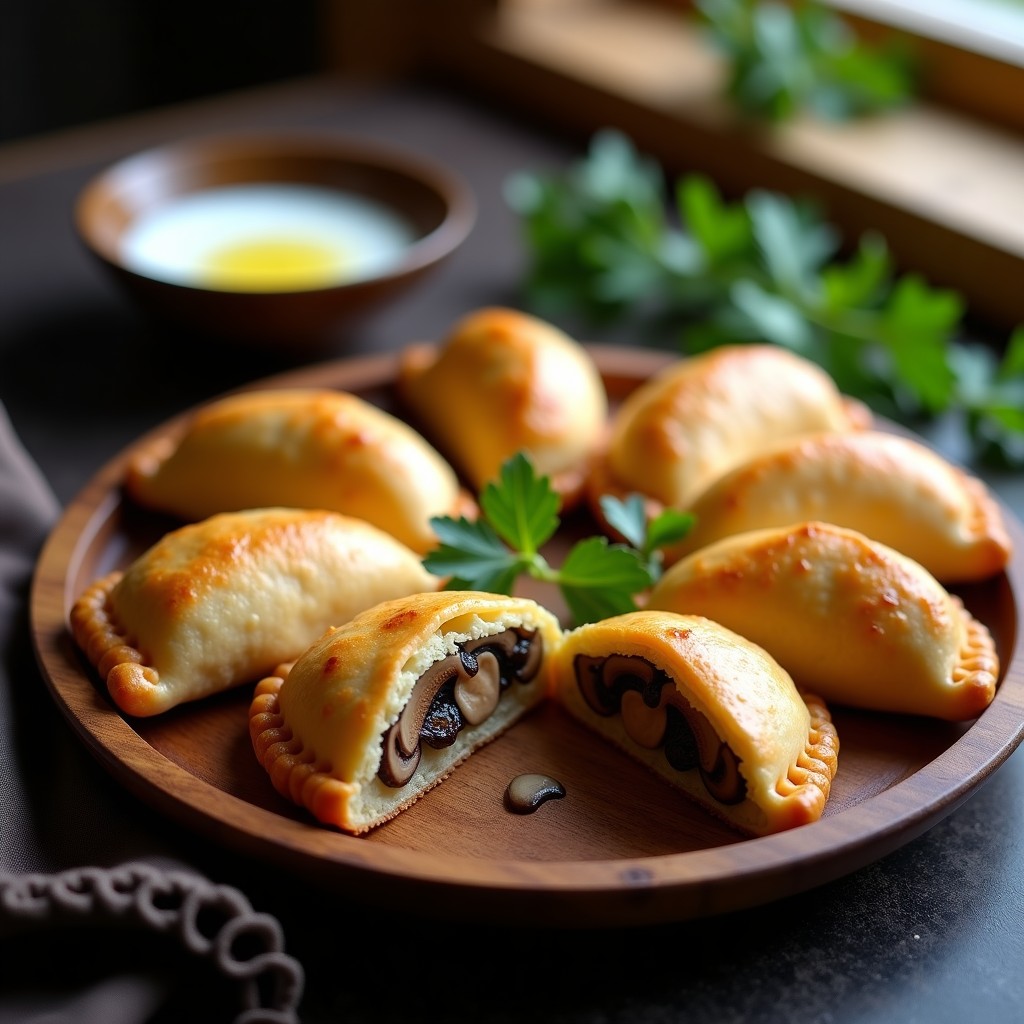 Empanadas doradas y crujientes de mijo rellenas de hongos shiitake y queso de castaña, servidas en un plato de madera rústico con semillas de sésamo espolvoreadas. Receta gluten-free en airfryer.