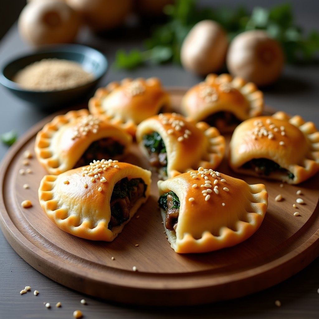 Empanadas doradas de mijo con textura crujiente, rellenas de hongos shiitake y espinacas, servidas en una fuente de madera rústica con semillas de sésamo espolvoreadas. Receta sin gluten en Thermomix.