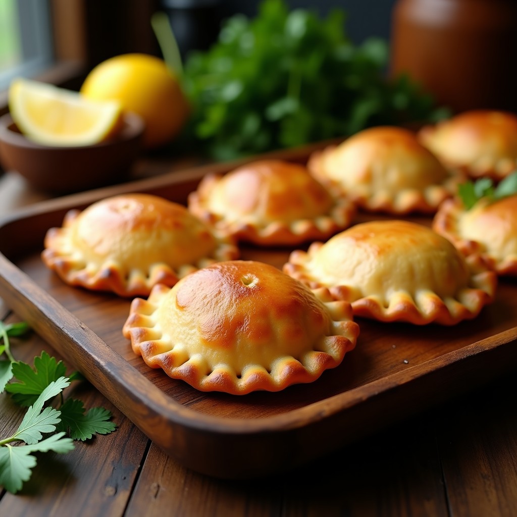 Empanadas doradas y crujientes de masa de mijo rellenas de jackfruit desmenuzado y queso vegano, servidas en una bandeja de madera rústica con hierbas frescas. Receta sin gluten y al horno.