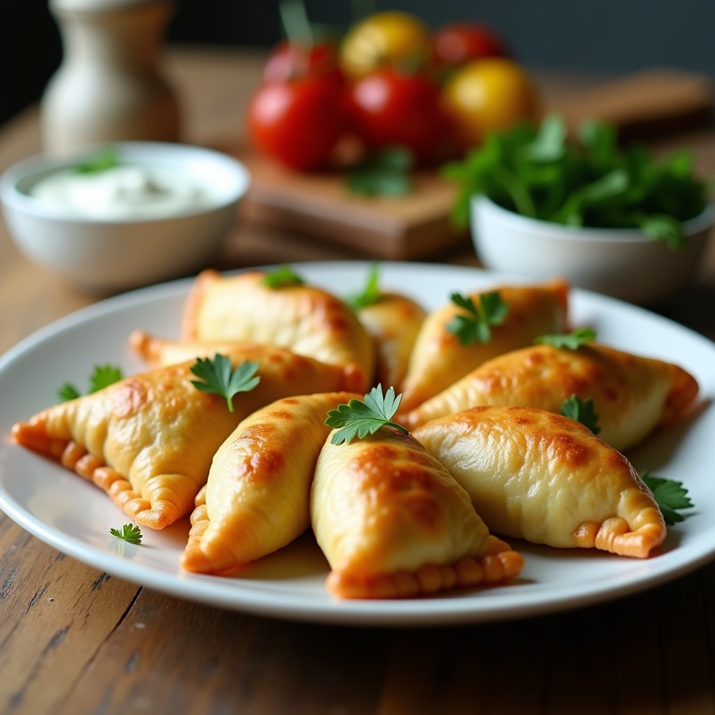 Empanadas doradas y crujientes de mijo rellenas de puerro y tofu, servidas en un plato de barro con hierbas frescas y salsa de yogur vegano al lado. Receta peruana vegana en airfryer.