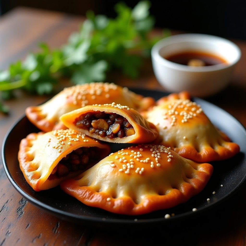 Empanadas doradas y crujientes de masa de mijo rellenas de Hong Kong XO Sauce, con semillas de sésamo en la superficie, servidas en un plato de cerámica negra con un bol pequeño de salsa XO al lado.