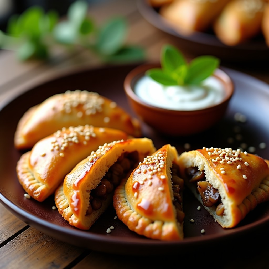 Empanadas doradas y crujientes de mijo y setas shitake en airfryer, con semillas de sésamo negro por encima, servidas en un plato de madera rústica con hierbas frescas.
