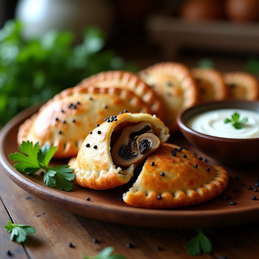 Empanadas doradas y crujientes de miojo de trigo sarraceno rellenas de hongos portobello, servidas en un plato de madera rústico con hierbas frescas y una salsa cremosa al lado. Receta brasileña en airfryer.