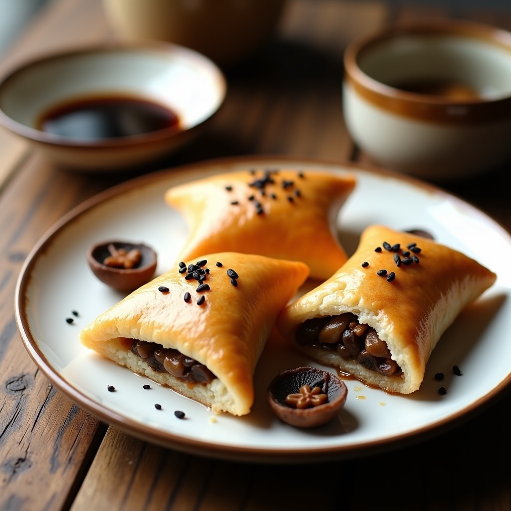 Empanadas japonesas doradas al horno con masa de arroz crujiente, rellenas de champiñones shitake y miso, espolvoreadas con semillas de sésamo sobre una bandeja de madera rústica.