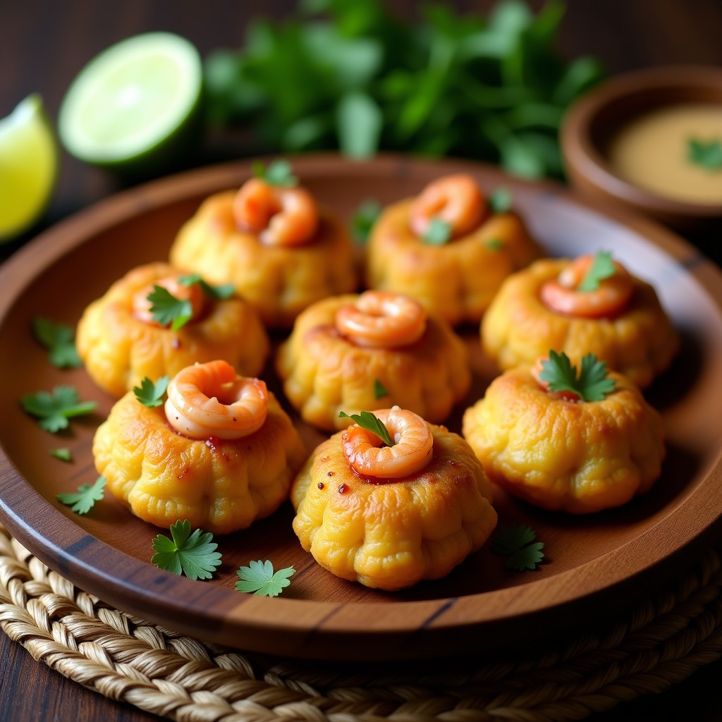 Empanadas doradas y crujientes de mofongo en airfryer, rellenas de camarones al ajillo, con cilantro fresco espolvoreado y un fondo de hoja de plátano, receta puertorriqueña auténtica.