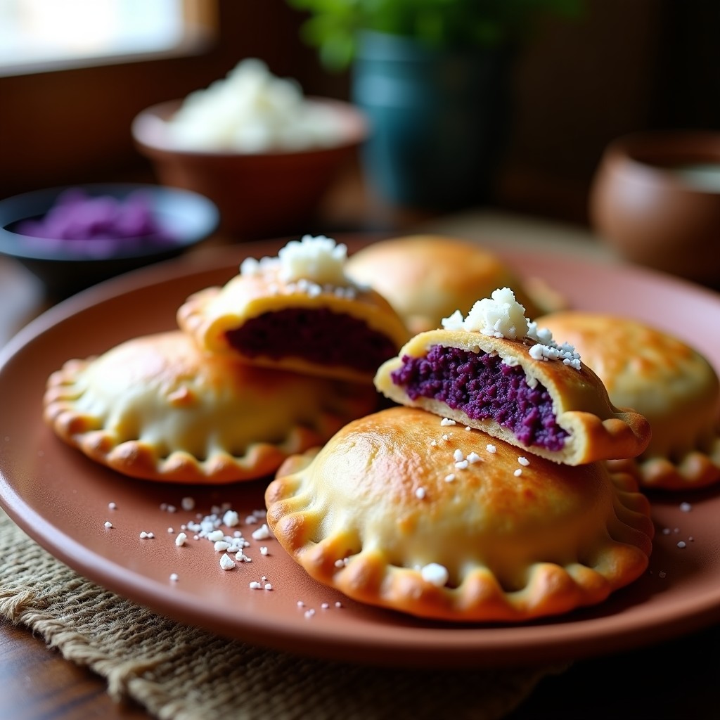 Empanadas moradas andinas de quinoa horneadas, doradas y crujientes, con relleno visible de papa morada y queso fresco, servidas en un plato de barro sobre fondo rústico.
