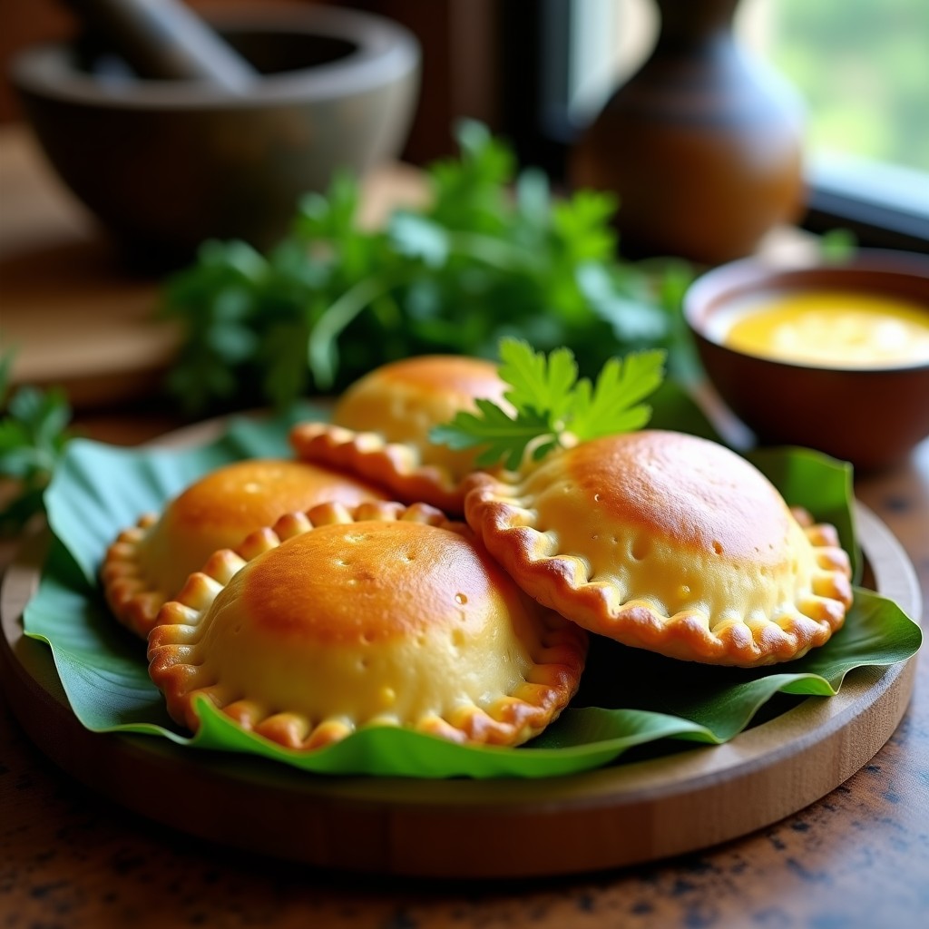 Empanadas ecuatorianas de mote y quesillo en airfryer, envueltas en hoja de bijao, doradas y crujientes, con un fondo rústico de madera y hierbas frescas.