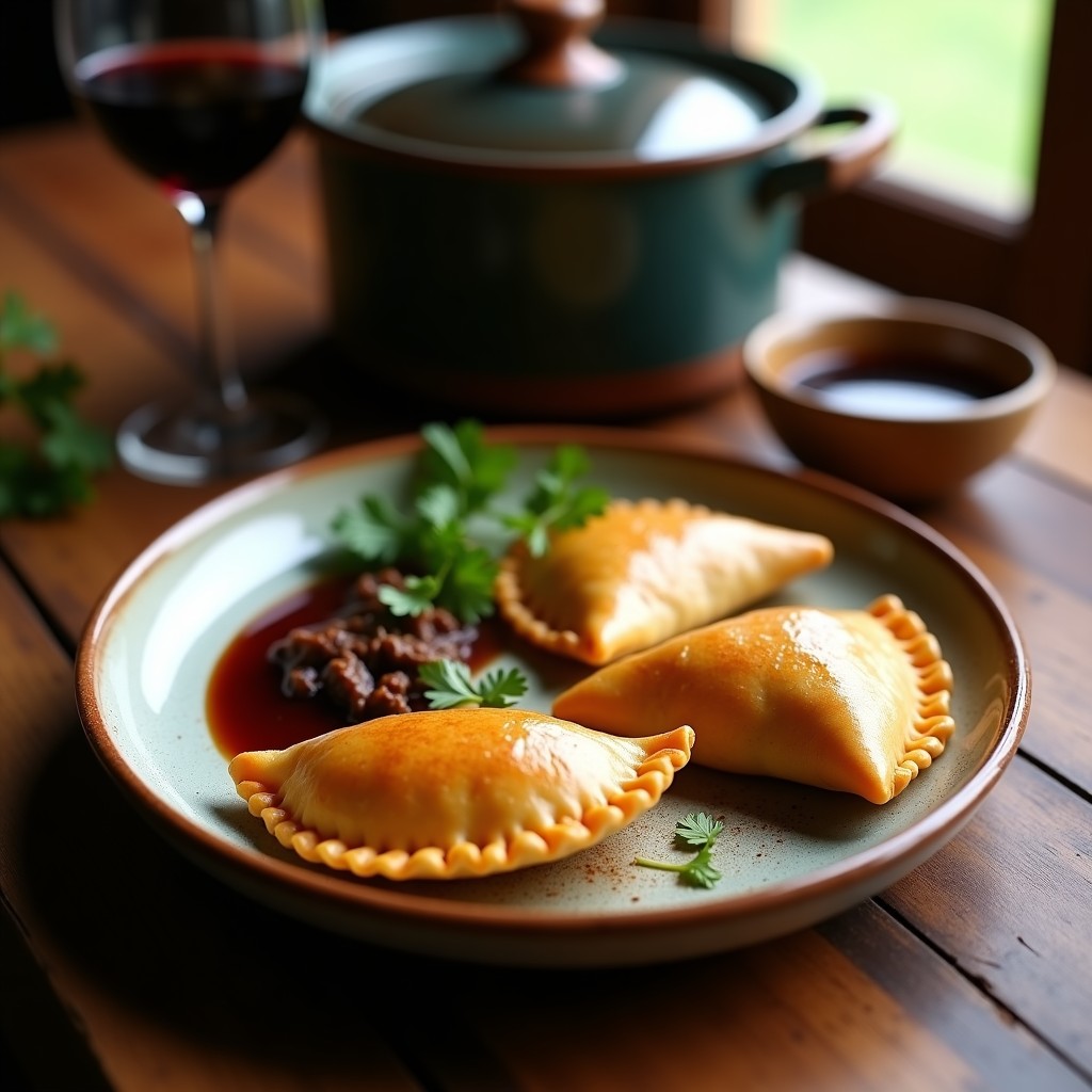 Empanadas doradas de masa de ñame con relleno de carne de res al vino tinto, servidas en un plato de barro con hierbas frescas y salsa oscura, receta colombiana en olla lenta.