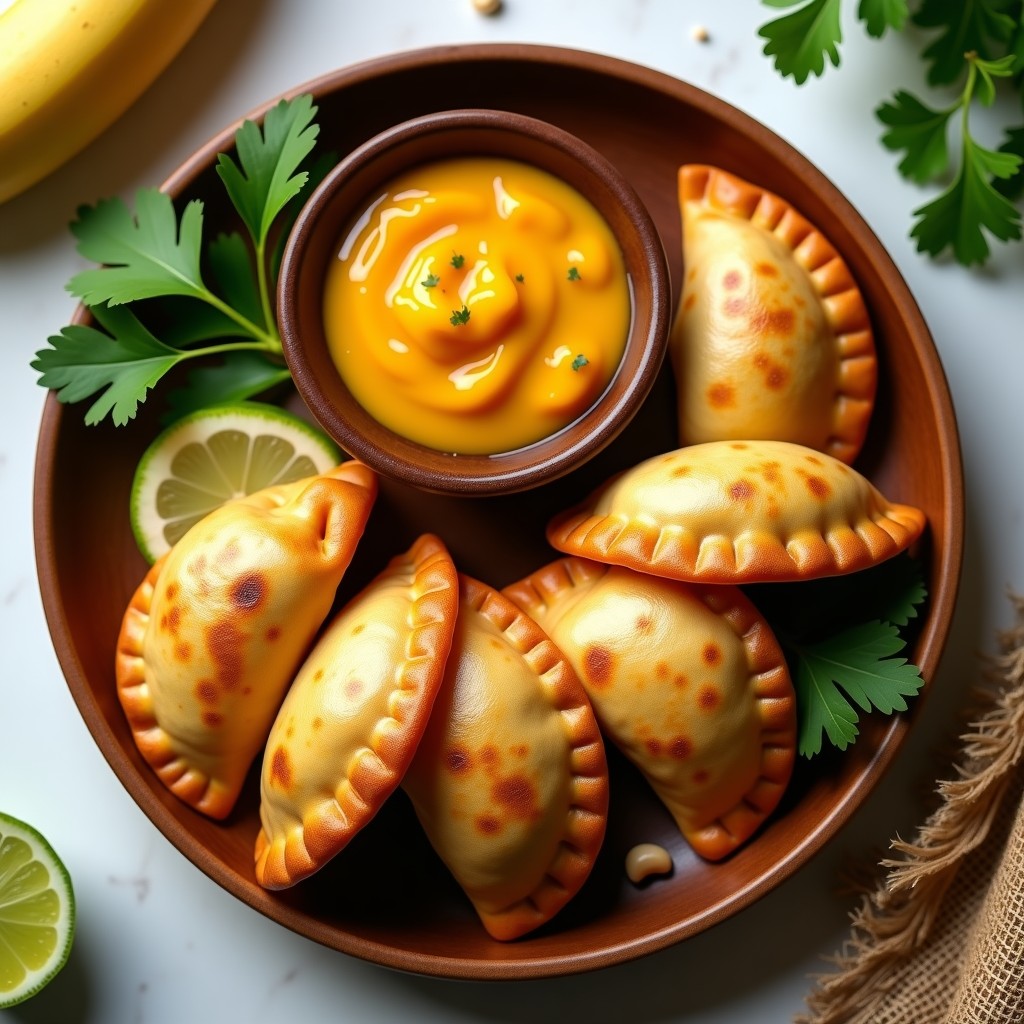 Empanadas doradas y crujientes de ñame y espinacas servidas en un plato de madera rústico, acompañadas de una salsa de mango vibrante en un cuenco pequeño. Decoradas con hojas de cilantro fresco y rodajas de limón al fondo.