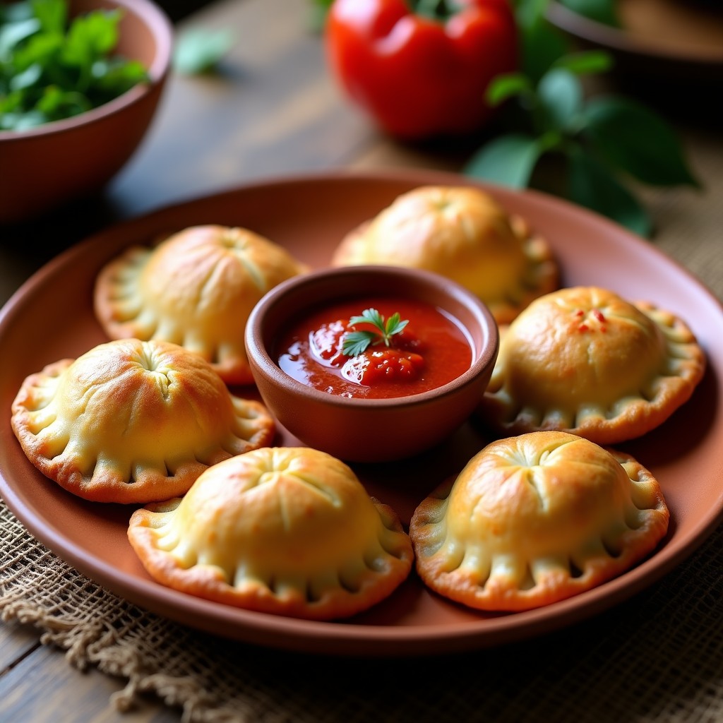 Empanadas doradas y crujientes de ñame morado y queso de mandioca servidas en un plato de barro rústico, acompañadas de una salsa roja de rocoto en un recipiente pequeño. La textura dorada de las empanadas contrasta con el color violeta intenso del relleno al cortarlas. Plato típico boliviano preparado en airfryer.