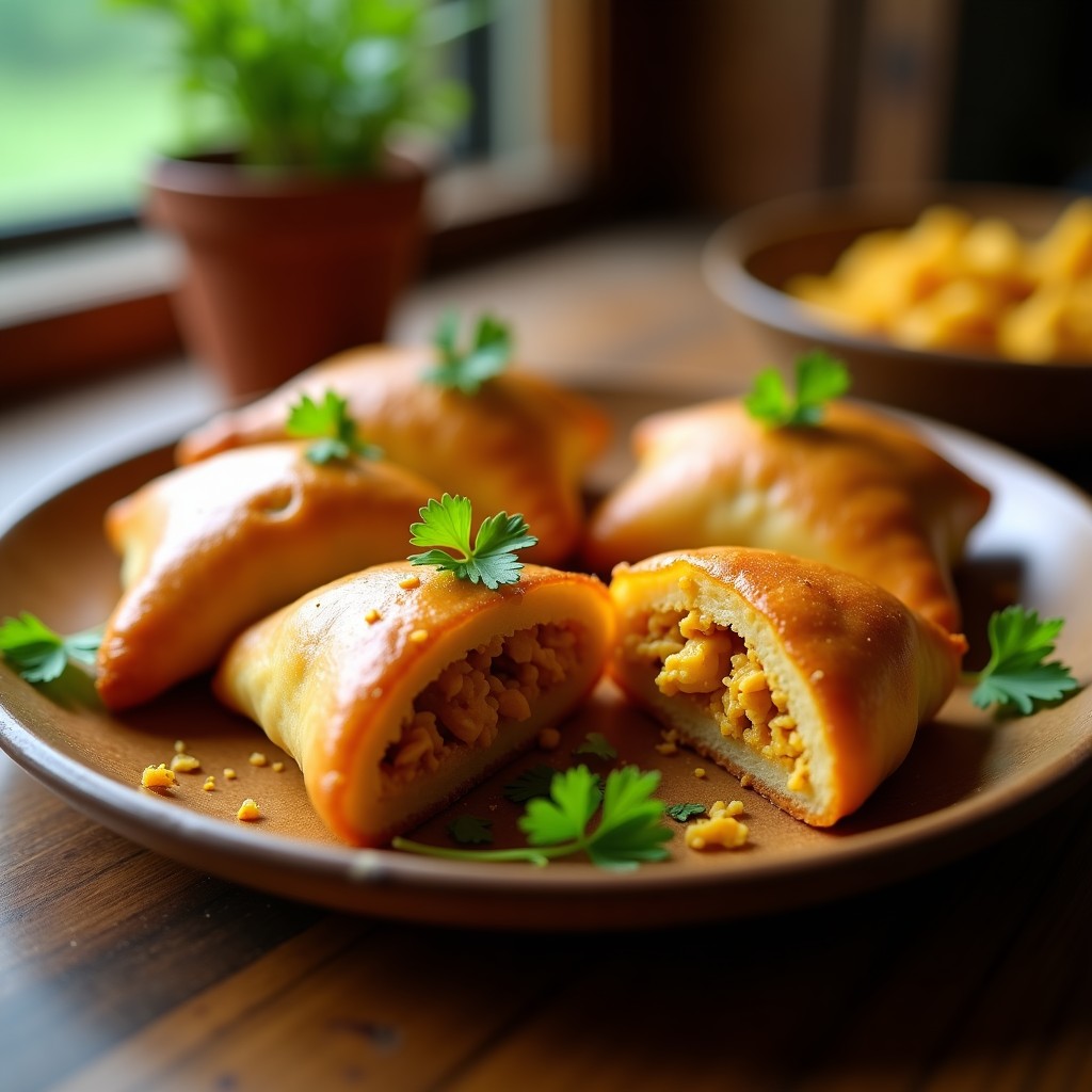 Empanadas doradas y crujientes de masa de ñame rellenas de pollo al curry, servidas en un plato de madera rústico con hojas de cilantro fresco y una salsa cremosa al lado. Receta colombiana hecha en Airfryer.