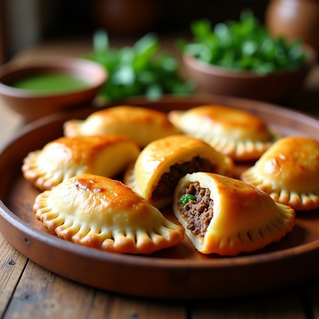 Empanadas doradas y crujientes rellenas de cordero y berros patagónicos, servidas en una bandeja de madera rústica con hierbas frescas al lado.