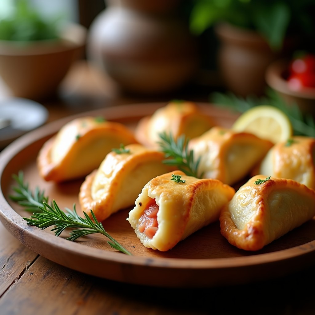 Empanadas argentinas doradas y crujientes rellenas de pescado ahumado y queso crema, dispuestas en un plato de madera rústico con hojas de eneldo fresco como decoración. Receta en olla express.