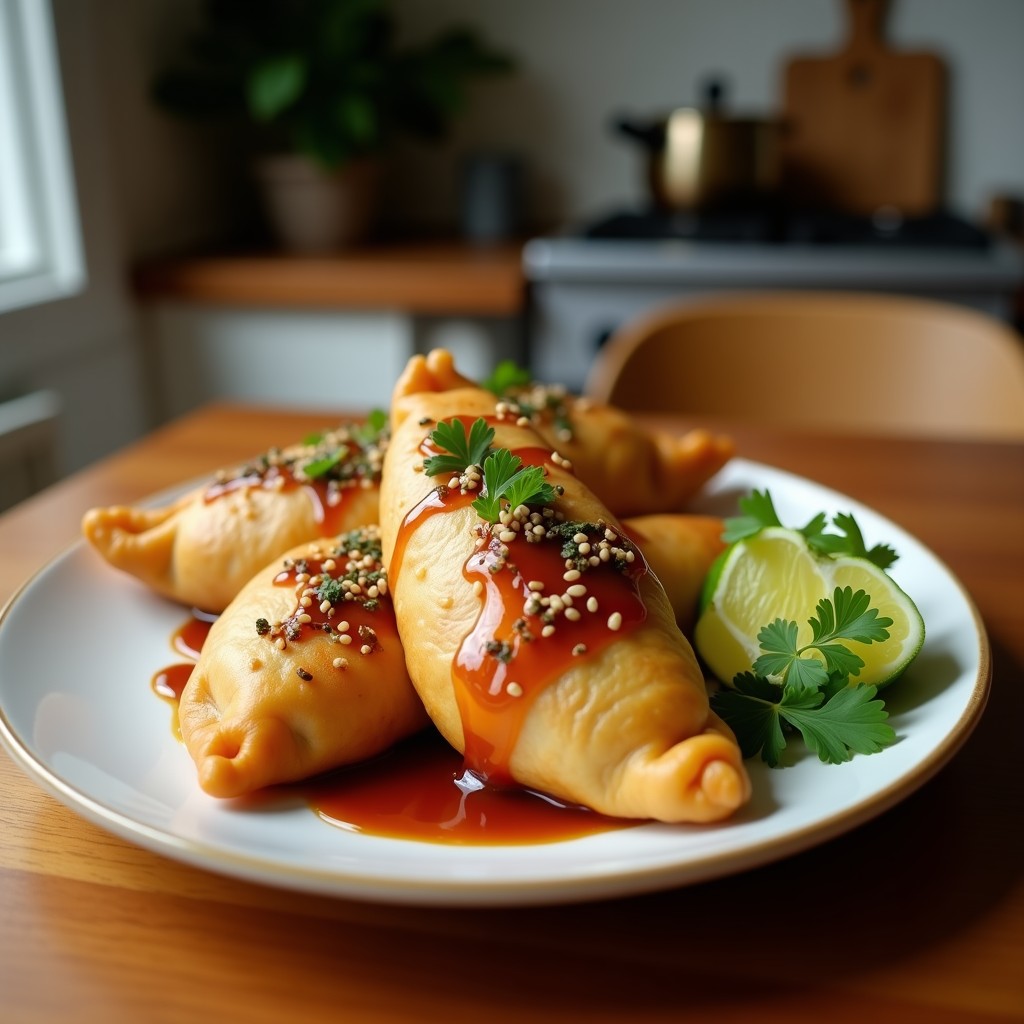 Empanadas doradas y crujientes rellenas de pescado blanco desmenuzado y algas nori, servidas con salsa teriyaki brillante, sobre un plato de madera con hierbas frescas. Receta en airfryer sin harina.