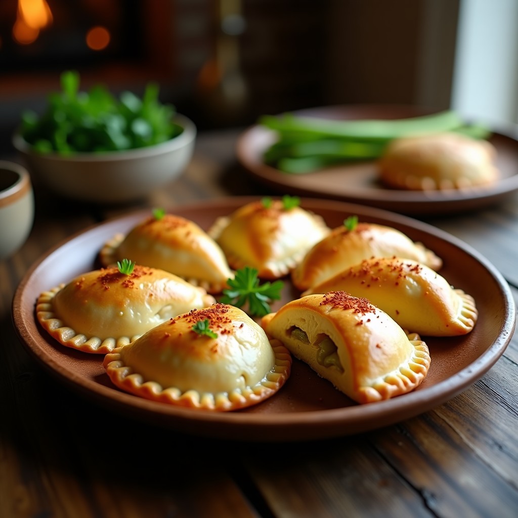 Empanadas gallegas doradas y crujientes en Airfryer, rellenas de pescado blanco y puerros, dispuestas en un plato de madera rústico con perejil fresco y pimentón espolvoreado.