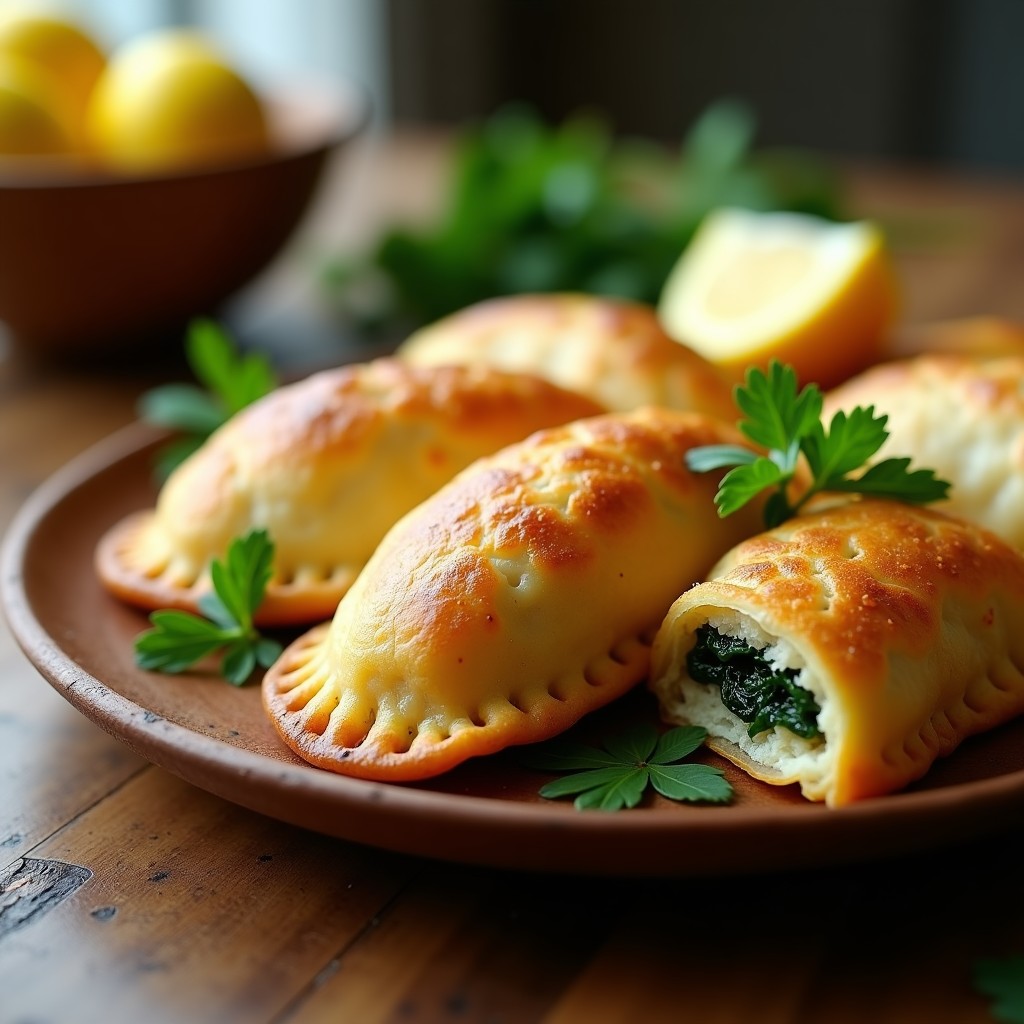 Empanadas doradas y crujientes de pescado blanco y espinacas con masa de coliflor, servidas en un plato de cerámica blanca con semillas de sésamo espolvoreadas. Receta keto en airfryer, baja en carbohidratos y alta en proteína.