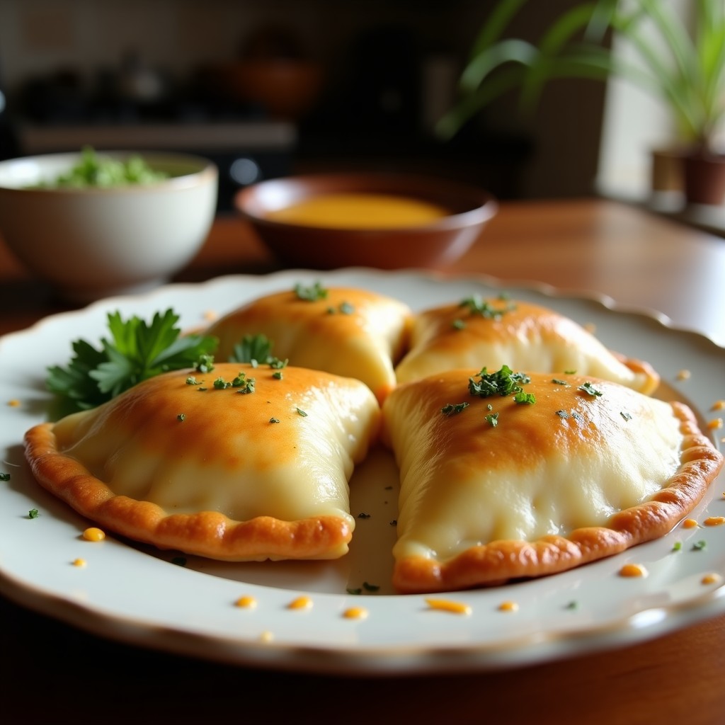 Empanadas doradas y crujientes de pescado y yuca servidas en un plato de barro, acompañadas de un ajiaco cremoso con papa, mazorca y cilantro. Receta colombiana en airfryer.