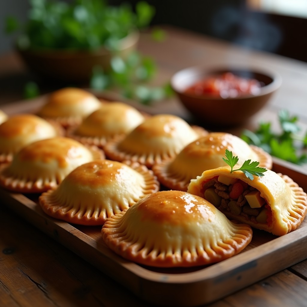 Empanadas de pino chilenas doradas y crujientes sobre una bandeja de madera rústica, con relleno jugoso de carnes, aceitunas verdes y huevo duro asomando. Receta tradicional en olla lenta.