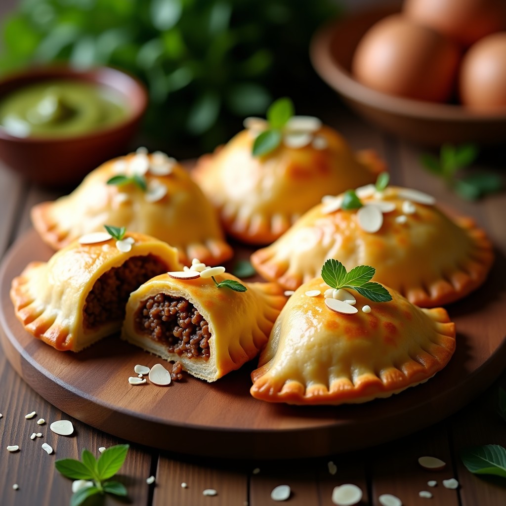 Empanadas de pino y queso manchego en airfryer con masa integral dorada, decoradas con almendras fileteadas y servidas sobre una tabla de madera rústica.