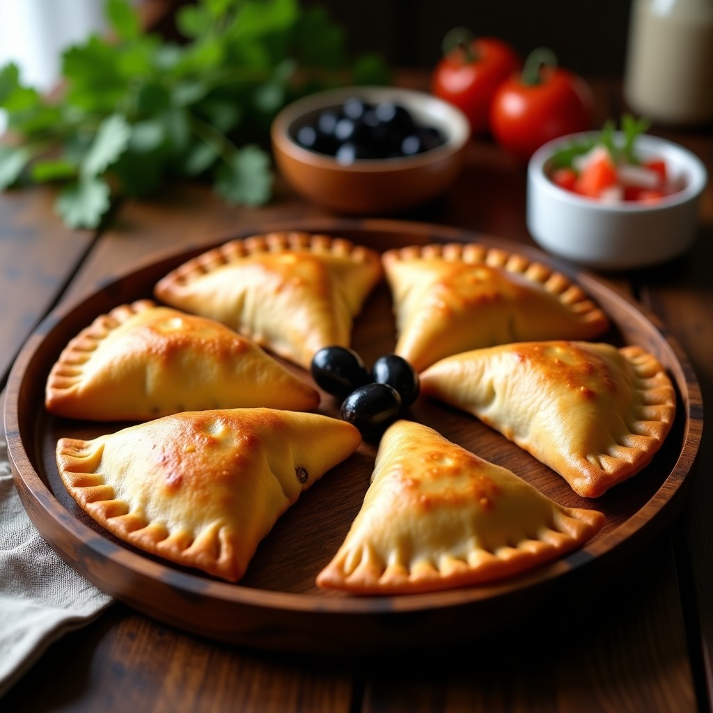 Empanadas de pino veganas chilenas doradas y crujientes sobre una bandeja de madera, con relleno visible de soja texturizada, cebolla caramelizada y aceitunas negras, decoradas con aceitunas y servidas con pebre al lado.