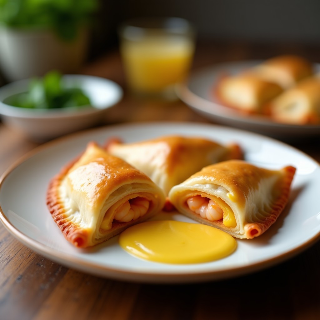 Empanadas doradas y crujientes rellenas de camarones y pisco, con un toque cremoso visible al cortarlas, servidas en un plato de barro rústico con salsa amarilla al lado. Receta peruana en olla express.