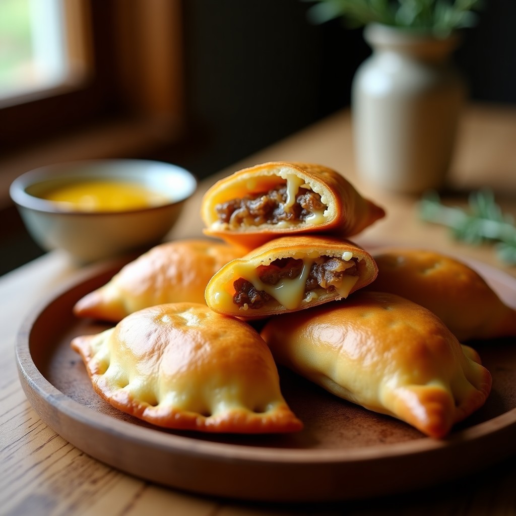 Empanadas doradas y crujientes de pisco y cebolla confitada sobre un plato de madera rústica, con relleno visible al cortar una por la mitad. Decoración con ramitas de tomillo fresco y un pequeño cuenco de salsa de ají amarillo al lado.