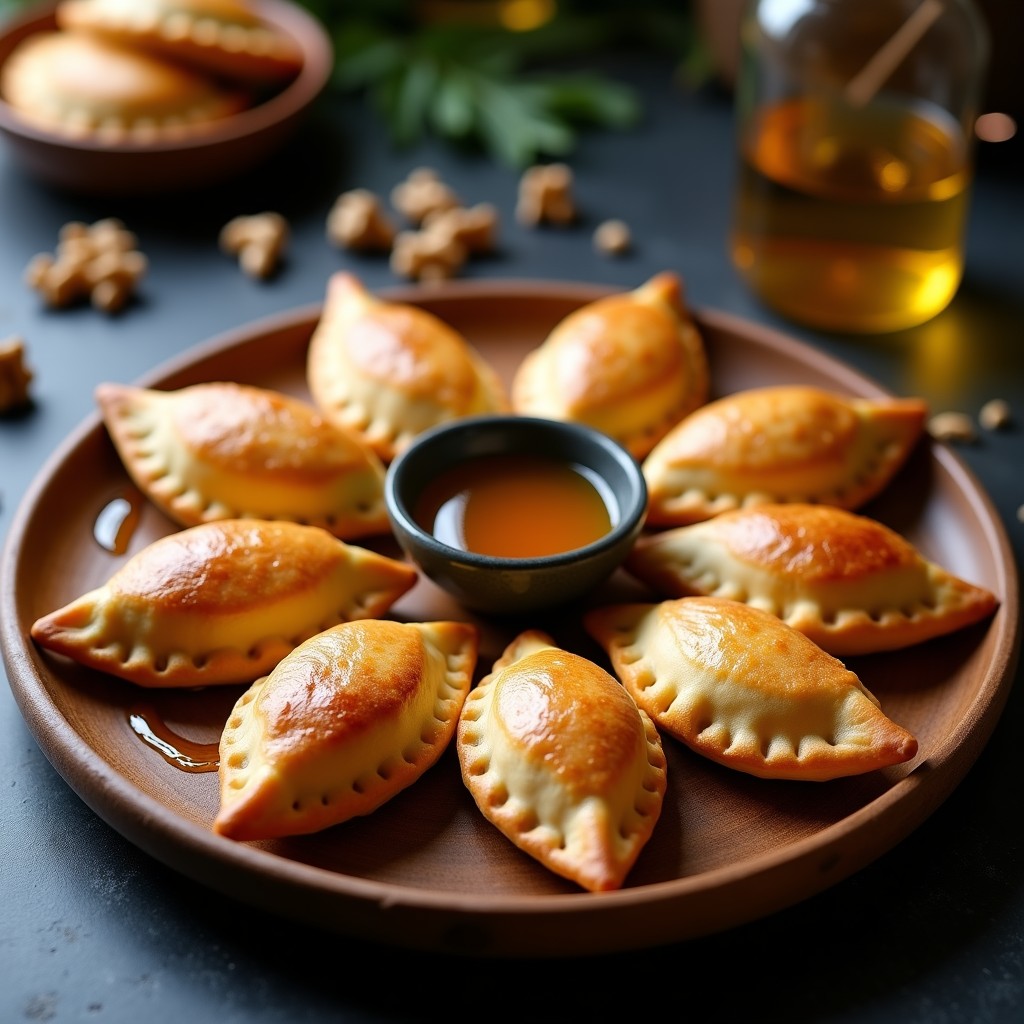 Empanadas peruanas gourmet doradas y crujientes rellenas de queso azul y cebolla morada, con un toque de miel y nueces, servidas en una bandeja rústica de madera.