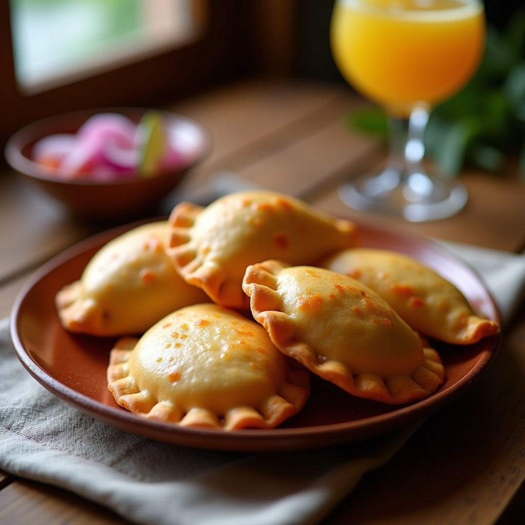Empanadas doradas y crujientes de pisco y queso quesadilla servidas en un plato de madera rústico, con un fondo borroso de ají amarillo y hierbas frescas. Receta peruana en airfryer.