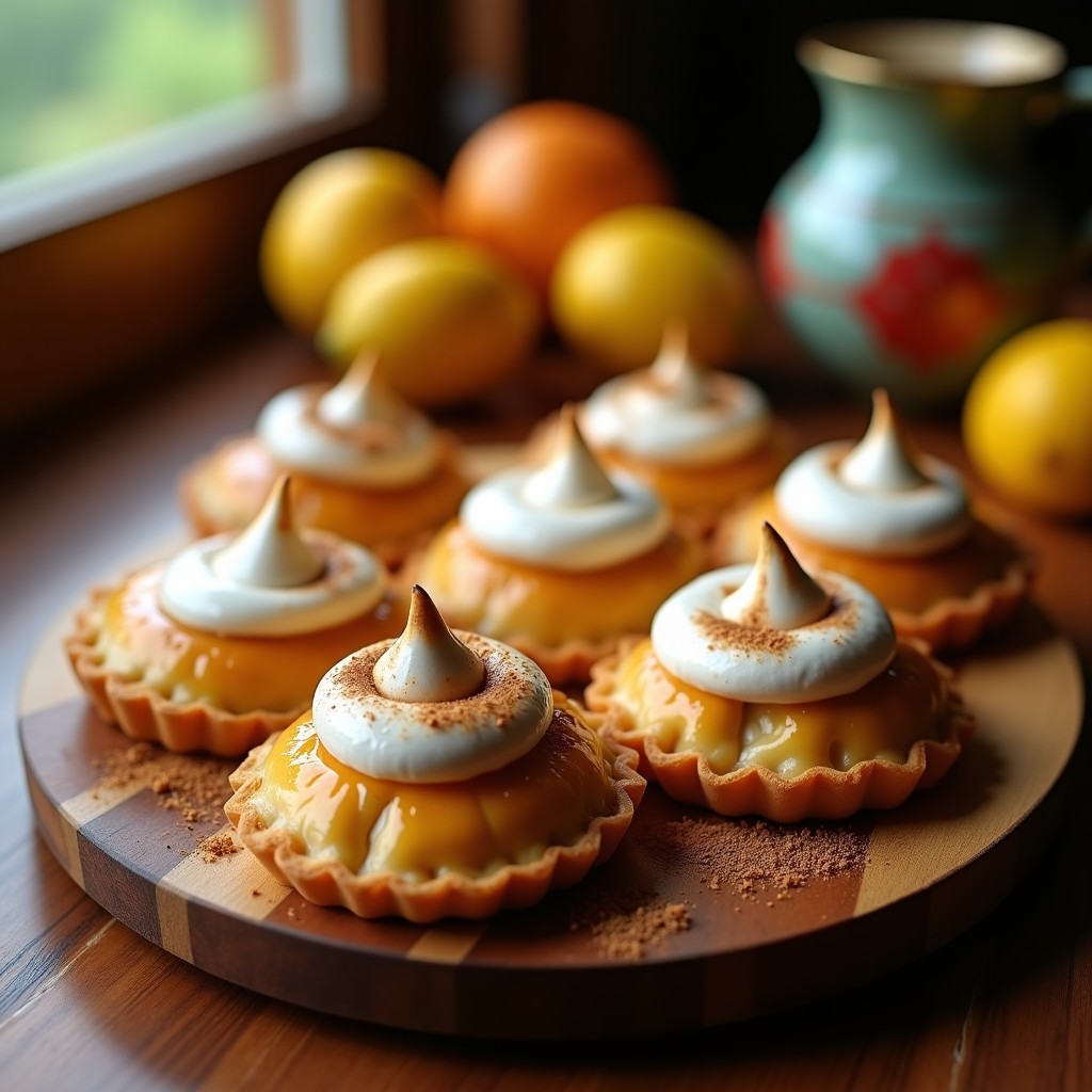 Empanadas doradas rellenas de mermelada de lúcuma, decoradas con merengue italiano en espirales y espolvoreadas con almendras fileteadas y canela, postre peruano gourmet sobre fondo rústico.
