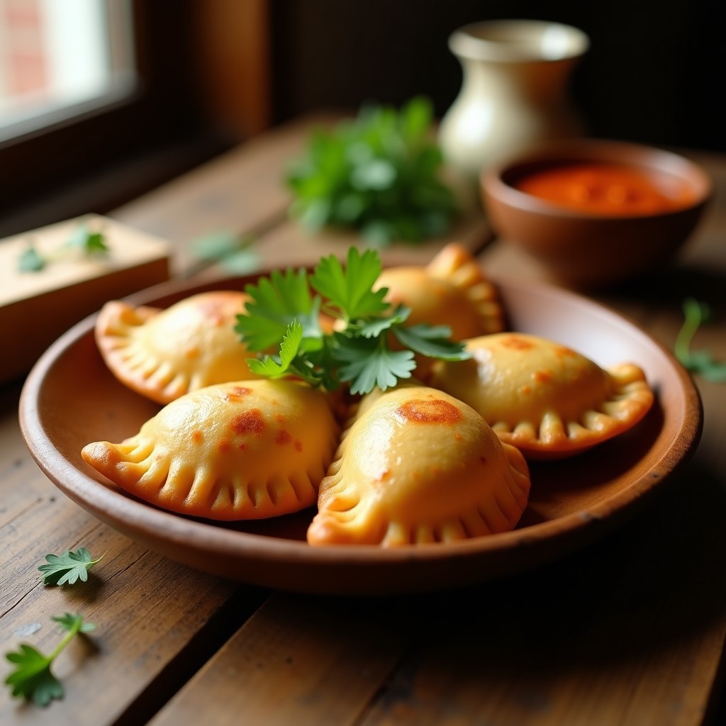 Empanadas doradas y crujientes de masa de plátano rellenas de carimañola, servidas en un plato de madera rústico con hojas de cilantro fresco y un bol pequeño de ají picante al lado. Receta colombiana sin gluten en airfryer.
