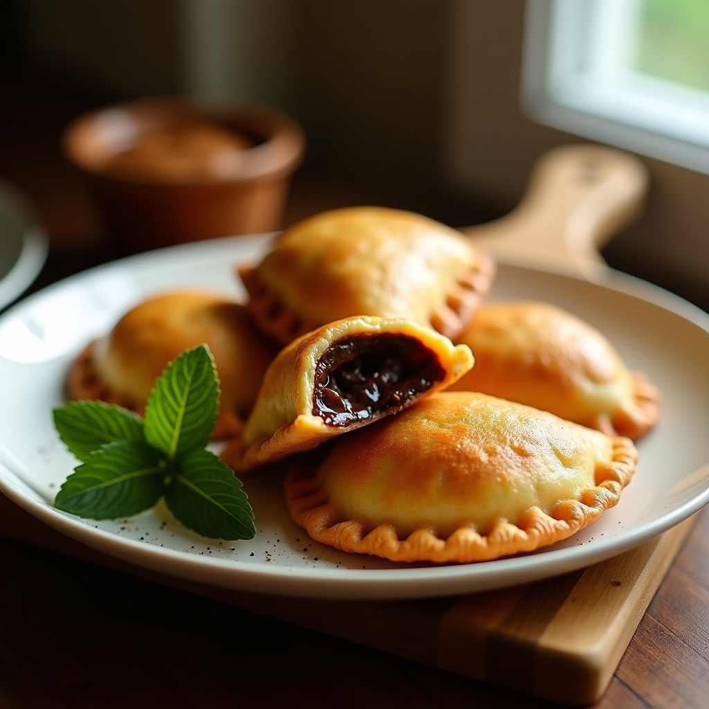 Empanadas doradas y crujientes de plátano macho y chocolate negro keto, horneadas en airfryer, con un relleno oscuro y brillante asomándose por los bordes sellados. Presentadas en un plato de madera rústico con hojas de menta al lado.