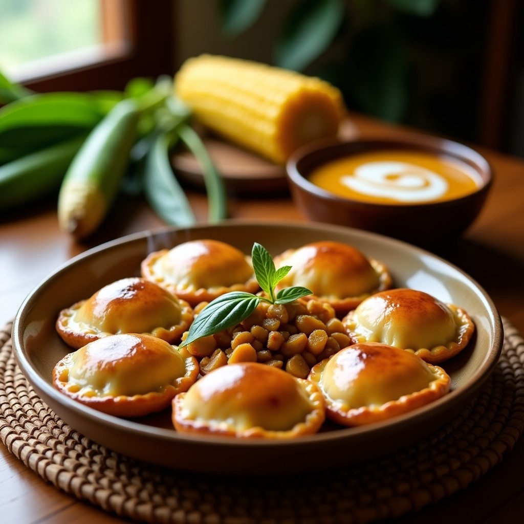 Empanadas doradas de plátano macho rellenas de carne de res y especias del ajiaco, horneadas a la perfección, servidas en bandeja de madera con guacamole y ají al lado.