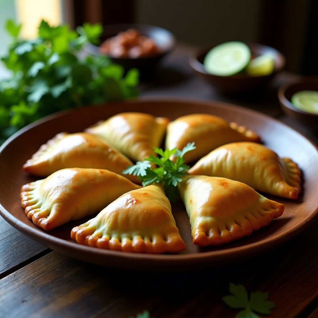 Empanadas doradas y crujientes rellenas de picadillo de seitán y plátano macho, servidas en un plato de barro con cilantro fresco. Receta cubana vegana en olla express.