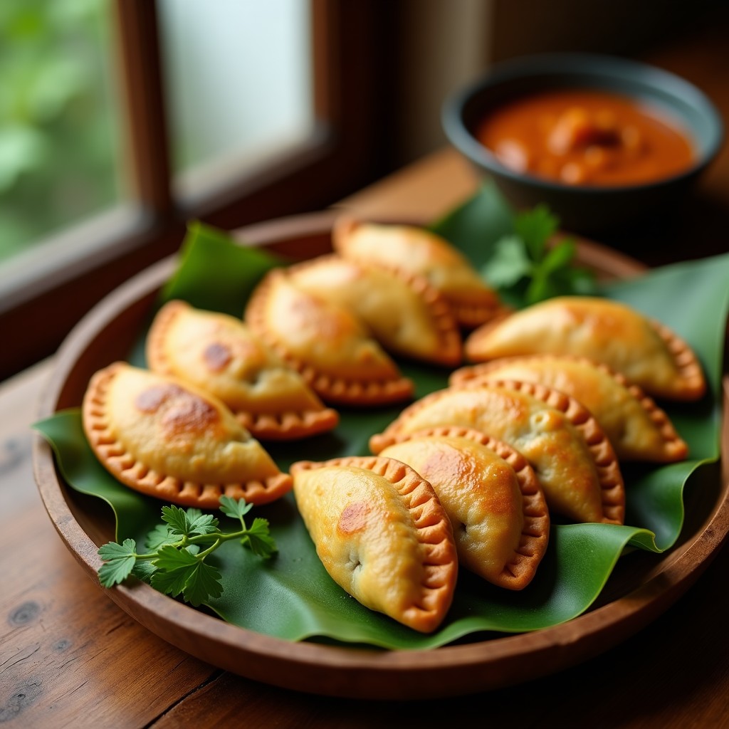 Empanadas de masa de plátano macho doradas y crujientes rellenas de picadillo de soja texturizada, servidas en bandeja de madera con hojas de bijo y cilantro fresco, receta colombiana vegana.