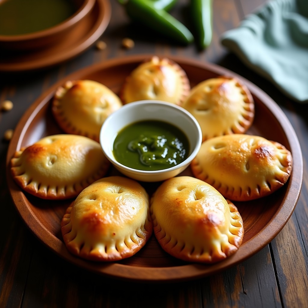 Empanadas canarias veganas doradas y crujientes de plátano macho rellenas de pimiento de padrón, servidas en un plato de madera rústico con mojo verde al lado. Receta en airfryer.