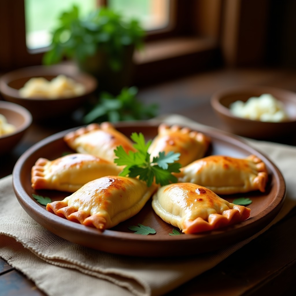 Empanadas doradas y crujientes de harina de plátano verde rellenas de carimañola desmenuzada, con un toque de queso campesino, servidas en un plato de madera rústico con hojas de cilantro fresco. Receta colombiana keto en airfryer.
