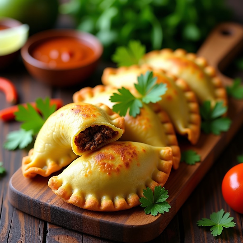 Empanadas doradas de masa de plátano verde rellenas de carne de res, servidas en bandeja de madera con hierbas frescas y ají al lado. Receta colombiana sin harina, crujiente y alta en proteína.