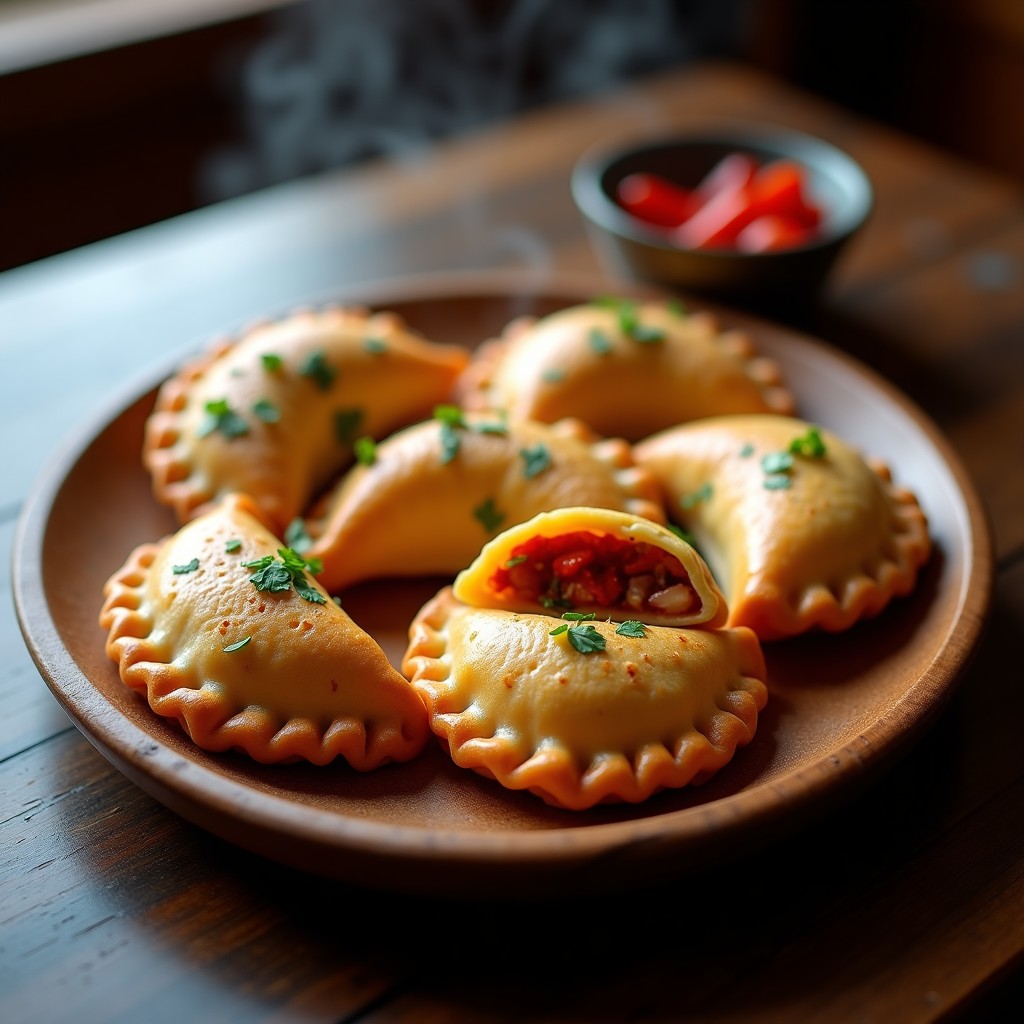 Empanadas doradas de masa de yuca rellenas de pulpo y pimentón de piquín, servidas en un plato de madera con hojas de perifollo. Receta gallega en olla express, sin gluten y con textura crujiente.