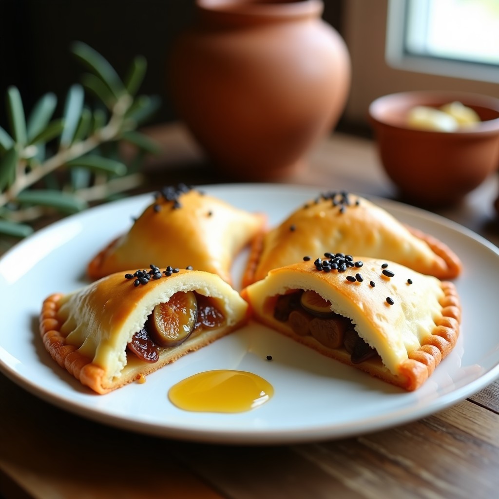 Empanadas griegas doradas y crujientes en airfryer, rellenas de queso de cabra cremoso y higos caramelizados con nueces, servidas en plato de madera con romero fresco.