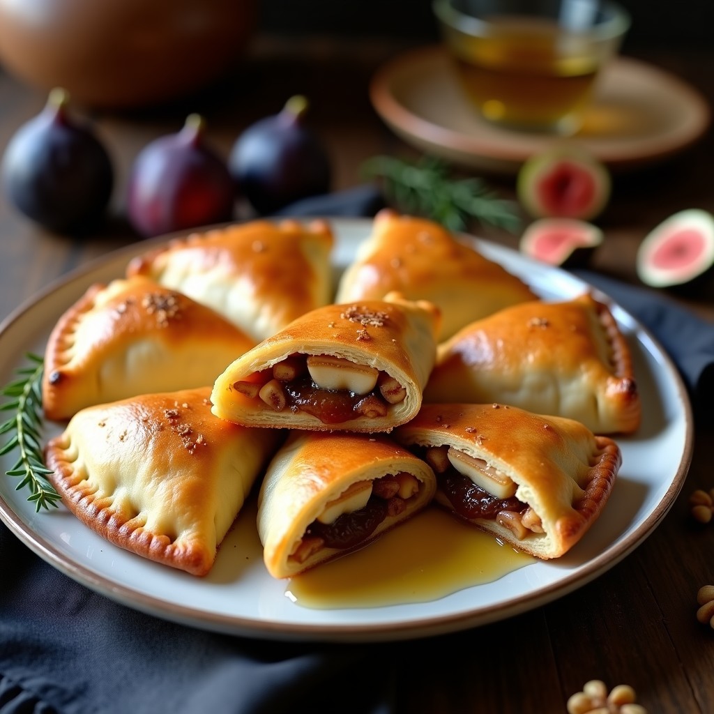 Empanadas doradas de masa integral rellenas de queso de cabra cremoso y higos frescos, horneadas a la perfección. Receta española tradicional en Thermomix con presentación rústica y crujiente.