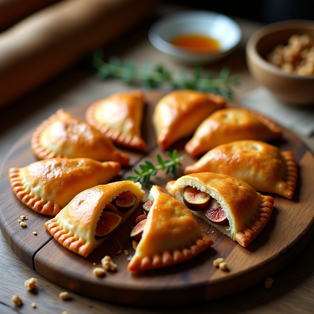 Empanadas doradas y crujientes rellenas de queso de oveja cremoso y higos caramelizados, dispuestas en una bandeja de madera rústica con hojas de tomillo fresco. Receta española de empanadas de queso de oveja y higos caramelizados en airfryer sin aceite.