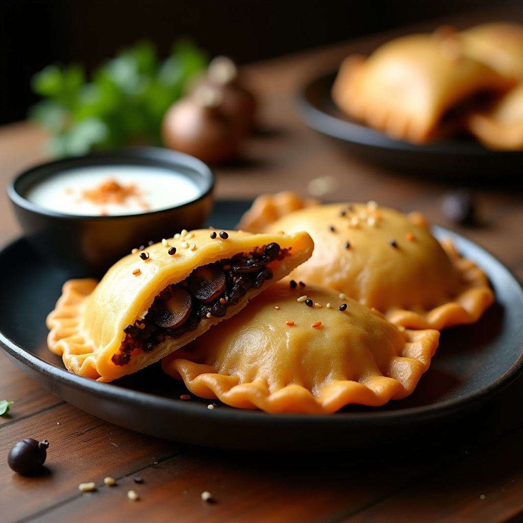 Empanadas doradas y crujientes de quinoa y champiñones negros servidas en un plato de barro rústico, con relleno jugoso asomando por los bordes. Receta sin gluten en olla lenta.