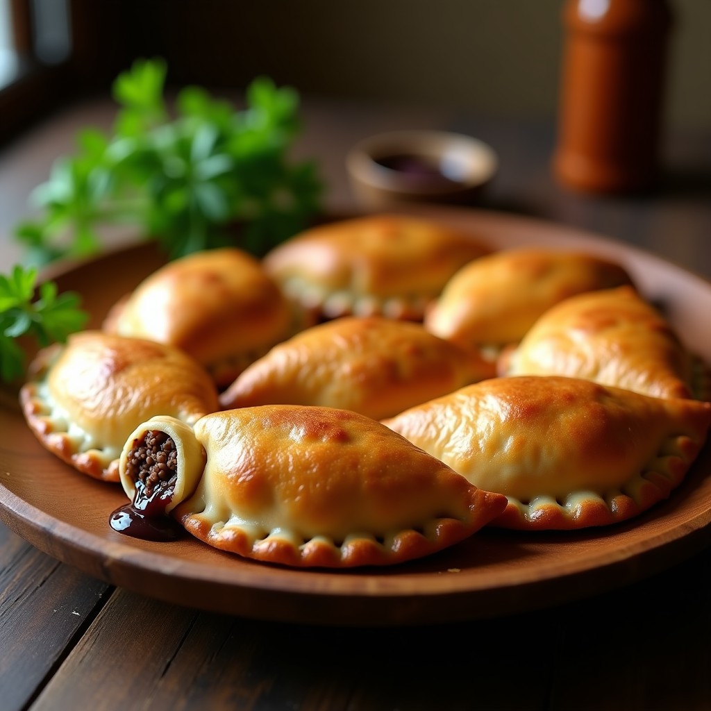 Empanadas argentinas veganas doradas y crujientes rellenas de soja texturizada y aceitunas verdes, dispuestas en un plato de barro con chimichurri al lado. Receta de empanadas de soja texturizada y aceitunas en olla rápida.
