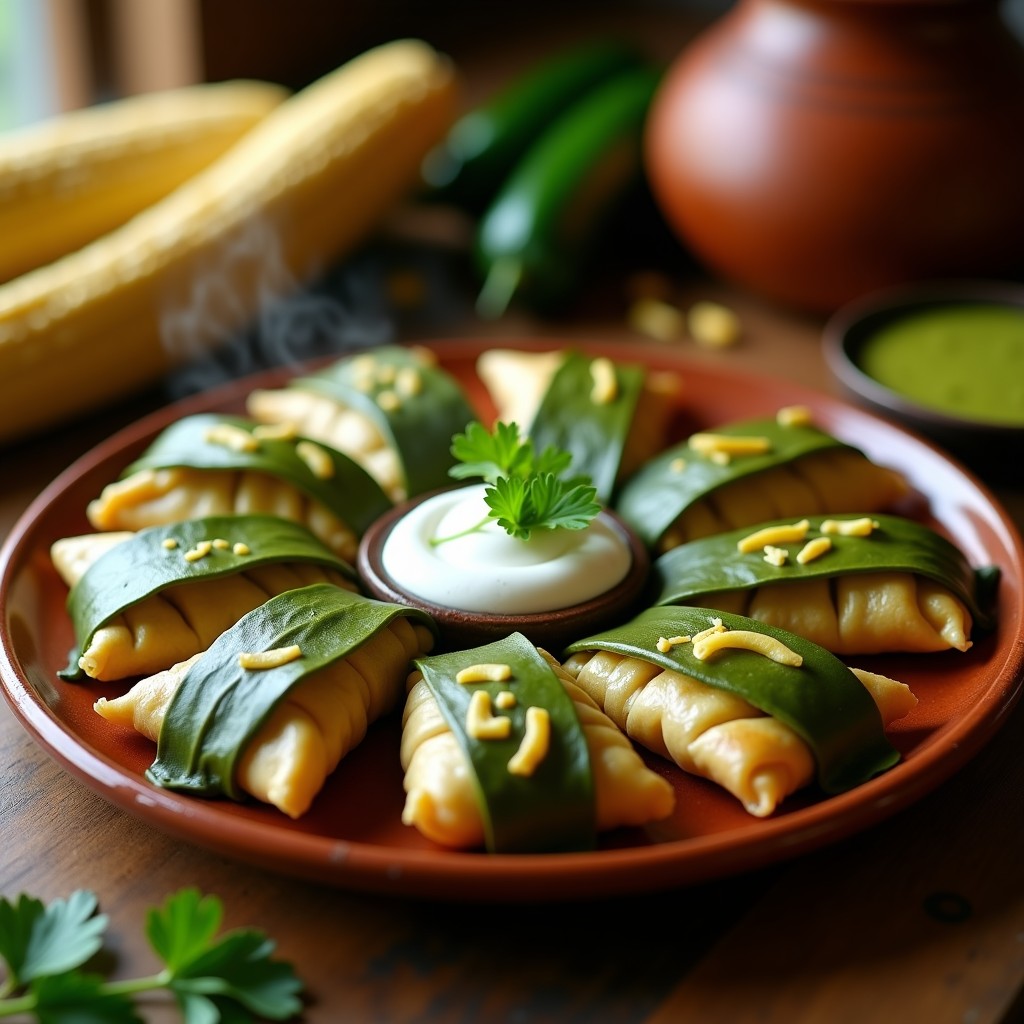 Empanadas de tamal de elote y rajas con chile poblano envueltas en hojas de plátano, servidas en un plato de barro con salsa verde y crema ácida, receta tradicional mexicana en olla express.