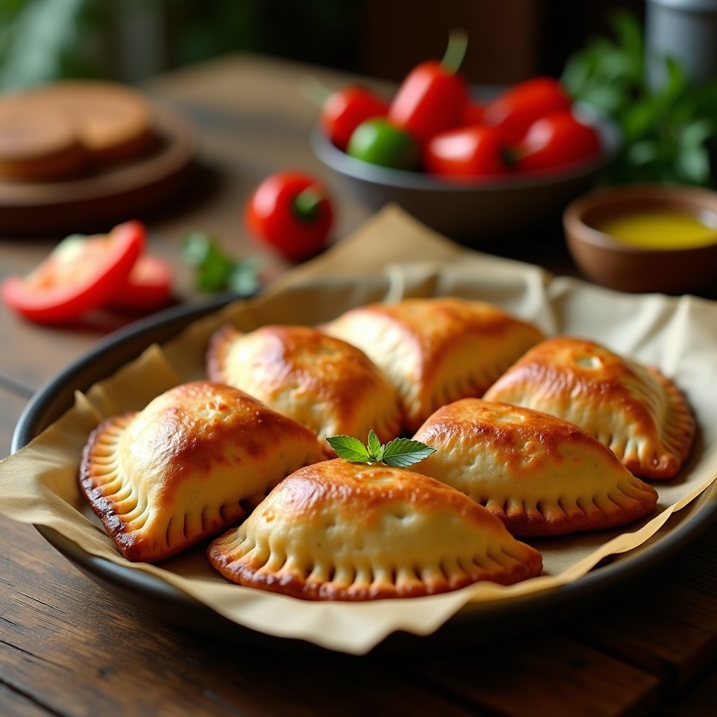 Empanadas brasileñas de tapioca doradas al horno, rellenas de carne de soja y pimientos rojos y amarillos, servidas en una bandeja de madera con perejil fresco.