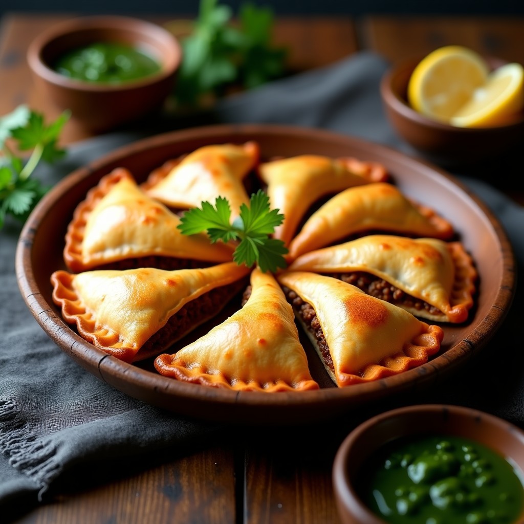 Empanadas doradas y crujientes de tapioca rellenas de chorizo de tempeh, dispuestas en una canasta de airfryer con hierbas frescas y salsa de yogur al lado. Receta argentina sin gluten.