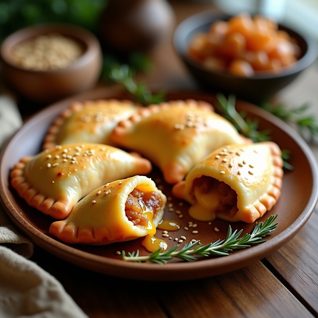 Empanadas doradas de tapioca con relleno de queso Gouda ahumado y cebolla caramelizada, servidas en un plato blanco con romero fresco y salsa de yogur al lado. Receta sin gluten en airfryer.