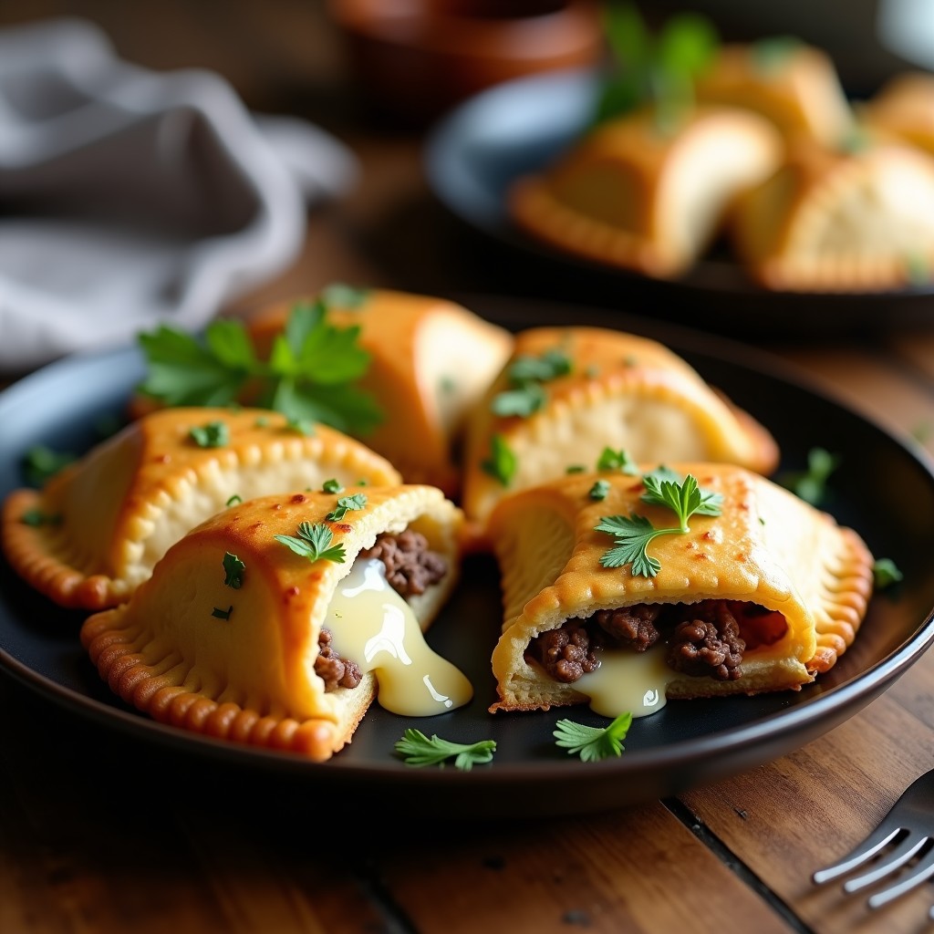 Empanadas doradas y crujientes de ternera y queso azul con masa de coliflor, servidas en un plato de cerámica negra con perifollo fresco. Receta keto en Airfryer en 15 minutos.